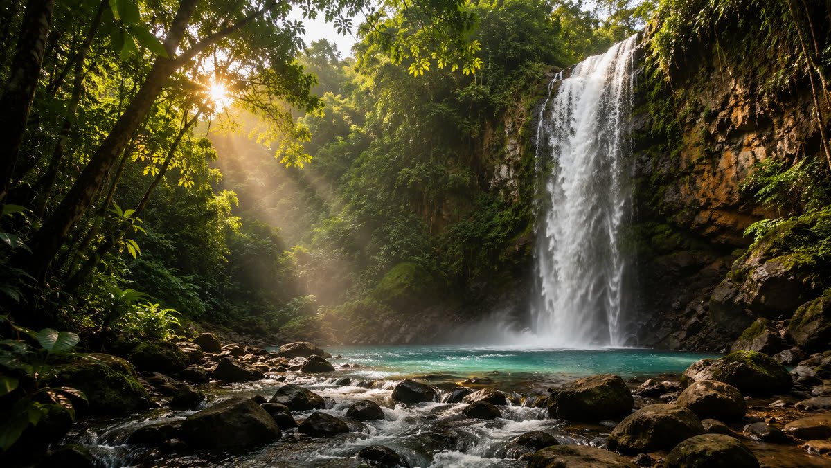 Una catarata cayendo en una poza turquesa, con luz de la mañana entrando entre los árboles.