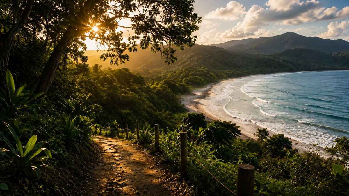 Una bahía de arena vacía al atardecer, vista desde un sendero entre la selva.