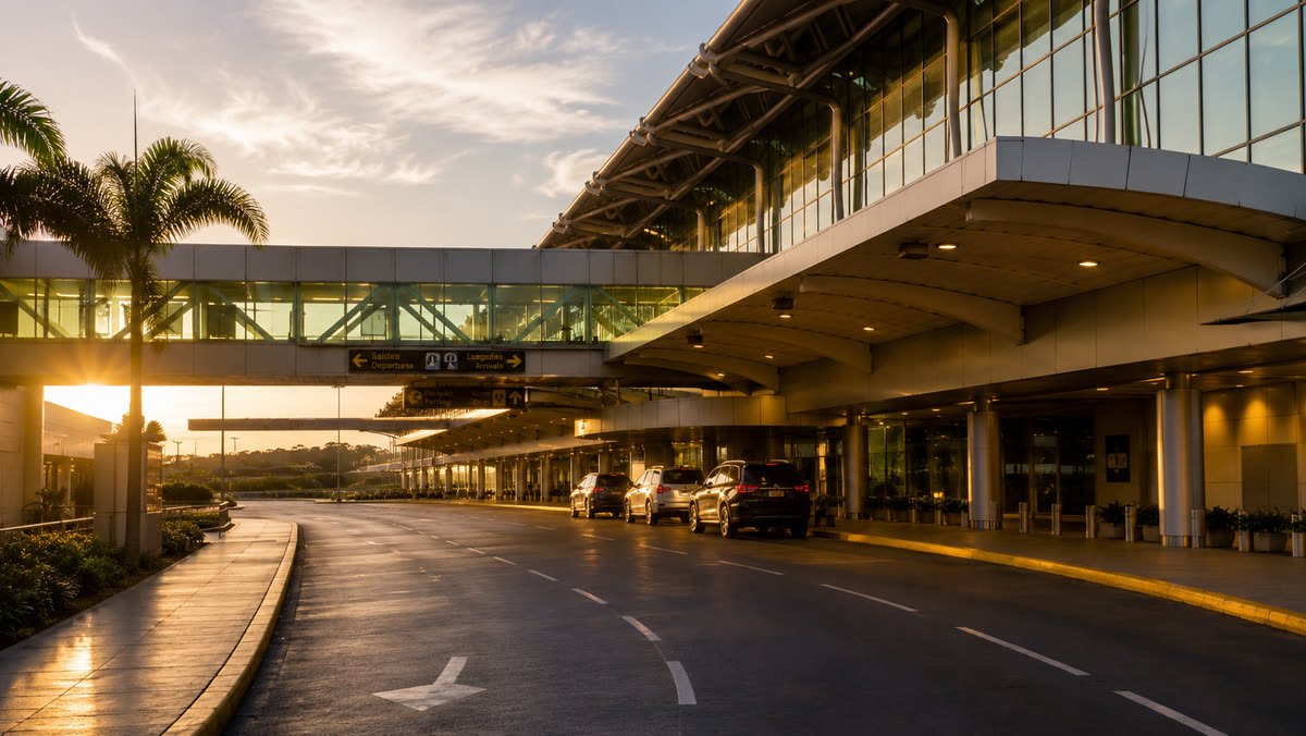 La entrada de la terminal del aeropuerto al atardecer, con la luz baja entrando entre las palmas.