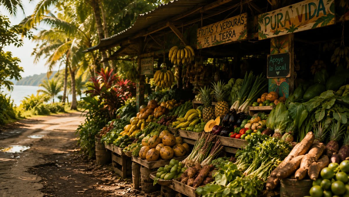 Un puesto de frutas y verduras a la orilla de un camino de tierra, junto al mar.