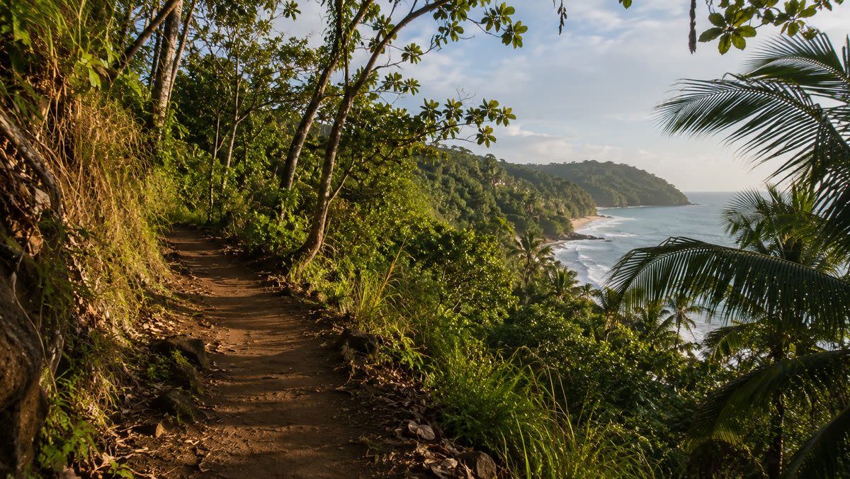 Un sendero de tierra entre la selva que se abre a una bahía y al mar.
