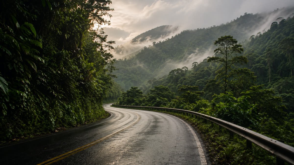 Una carretera de montaña mojada curvándose entre selva, con neblina bajando sobre los cerros.